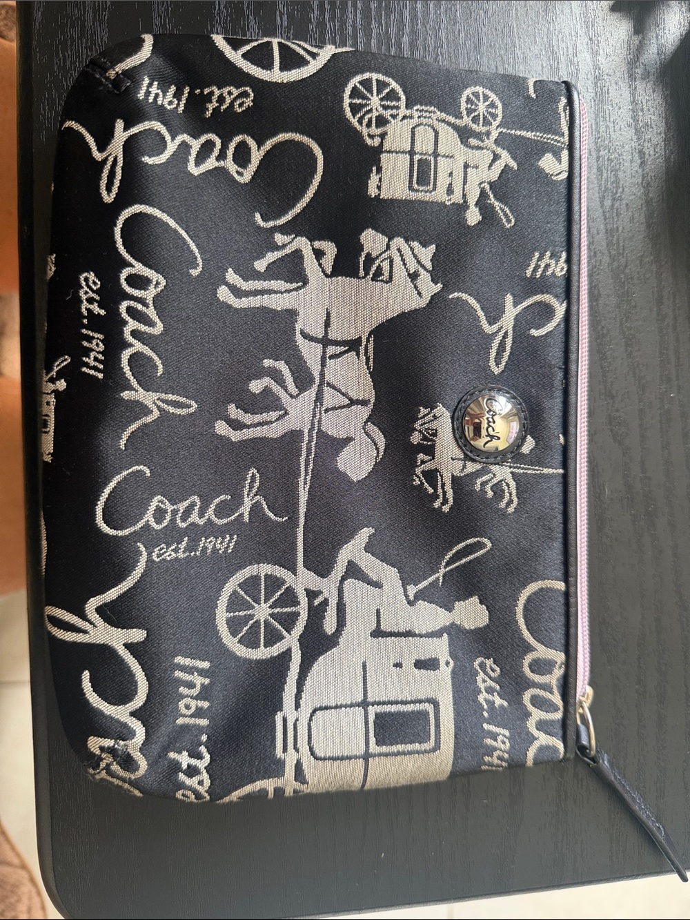 Coach Black Wristlet with Cream Horse & Carriage Motif